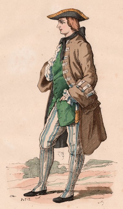 Fransk herre i jaktdräkt, klädd i rock, väst och tricornhatt med en dolk i sidan under 1800-talet (färgstick) av Unknown