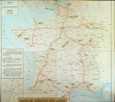 Fransk geografisk karta som visar lufttelegrafiska linjer. Början av 1800-talet. Paris, Musee de la Poste av Unknown artist