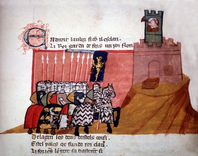 Franska riddare som anländer framför ett slott. 1200-talsmanuskript. av Unknown artist