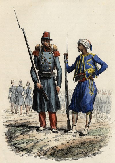Fransk militäruniform: Till vänster bildades en främmande legion som skickades till Algeriet 1831. Till höger inhemska ryttare, tränade och skickade till Algeriet 1841. I L
