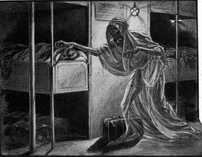 Fransk propaganda mot den spanska influensaepidemin har sin utgångspunkt: sjukdomen representeras allegoriskt som en oroande figur som närmar sig en person som sover i sovsal på ett migrantfartyg. av Unknown artist