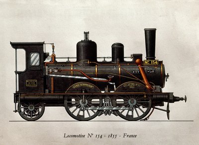 Franskt tåg: Lokomotiv Numero 154 av 1855. Gravyr. Paris, Dekorativ konst av Unknown artist
