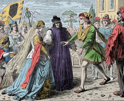 Friedrichs mottagande av Eleanor - Fredrik III (Frederik V av Habsburg) (1415-1493), romersk kejsare tar emot Alienor av Portugal (1434-1467) av Unknown artist