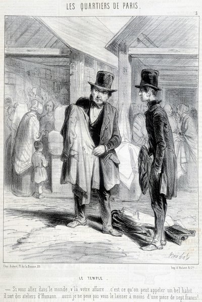 Fripier från tempeldistriktet i Paris försöker sälja kläder till en man. Gravyr av 1800-talet. av Unknown artist