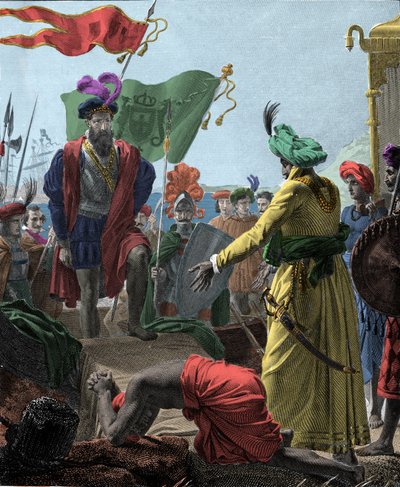 Från Vasco de Gama (1469-1524, portugisisk upptäcktsresande) till Calicut (nuvarande Kozhikode) i Indien 1498. Gravyr 1817.. av Unknown artist