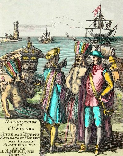 Frontispice av "" Beskrivning av universumsviten i det antika och moderna Europa, södra länder och Amerika"" Volym V, av Alain Manesson Mallet (1630-1706) av Unknown artist