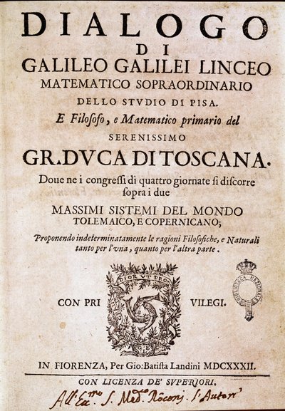 Frontispice of “” Dialogue on the Two Great Systems of the World”” (dialogo sopra i due massimi sistemi del mondo) beställd av påven Urban VIII till astronomen och fysikern Galileo Galilei dit Galilee (1564-1642) omkring 1620 och publicerad 1632 . Det av Unknown artist