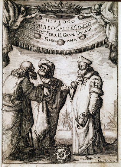 Frontispice of “” Dialogue on the Two Great Systems of the World”” (dialogo sopra i due massimi sistemi del mondo) beställd av påven Urban VIII till astronomen och fysikern Galileo Galilei dit Galilee (1564-1642) omkring 1620 och publicerad 1632 . Det av Unknown artist