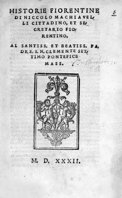 Frontispice of "" Historie Fiorentine av Niccolo (av Bernardo dei) Machiavelli (Nicolas Machiavel av Unknown artist