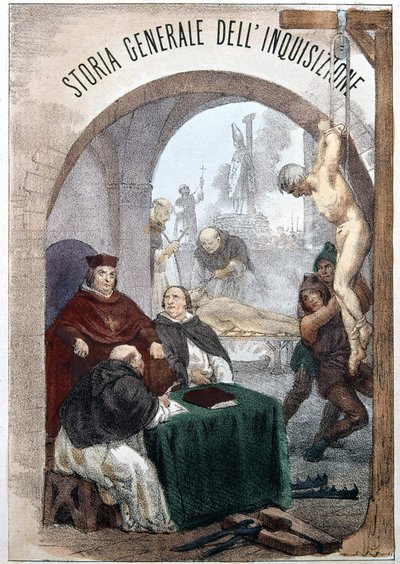 Frontispice of the General History of the Inquisition av Pietro Tamburini med en illustration som visar scener av symbolisk inkvisition. Milano 1850. av Unknown artist