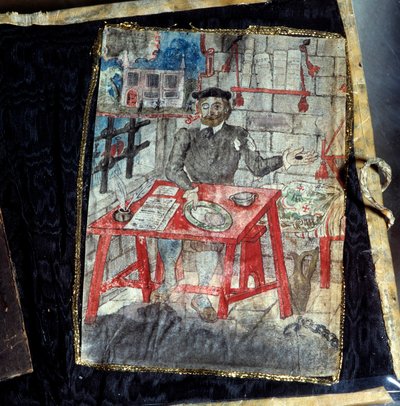 Frontispice av diktsamlingen av den portugisiske poeten Luis Vaz de Camoes, känd som kamoanerna (1525-1580). Poeten sitter fängslad där. Lissabon, Nationalmuseet för antik konst av Unknown artist