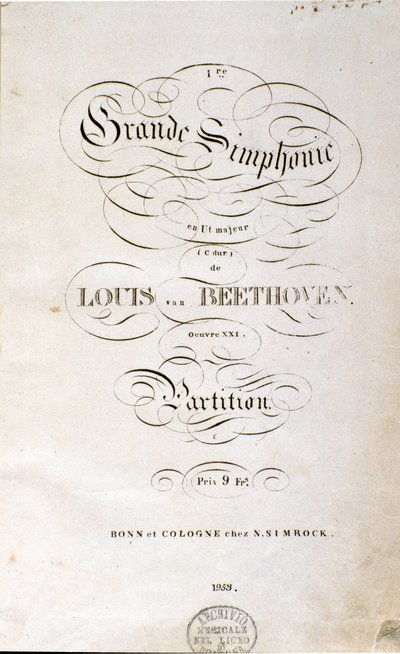 Frontispice av den första tyska upplagan av partituret till Symphony n. 1 i C-dur av den tyske kompositören Ludwig van Beethoven (1770-1827) (1799-1800). Bonn av Unknown artist