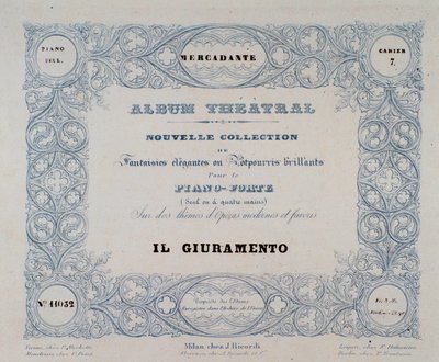 Frontispice av operan Il Giuramento, av Mercadante (1837) av Unknown artist