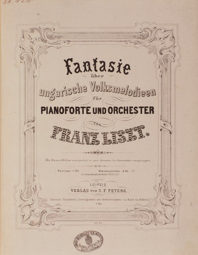 Frontispice av partituret "" Fantasy för piano och orkester "" av Franz Liszt (1811-1886) 1800-talets Bologna, civico museo musicale av Unknown artist