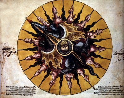 Frontispice representerar en sol - i "Astronomicum Caesarium", avhandling om astronomi som relaterar till teorin om Ptolemeus, av P. Apiano. av Unknown artist