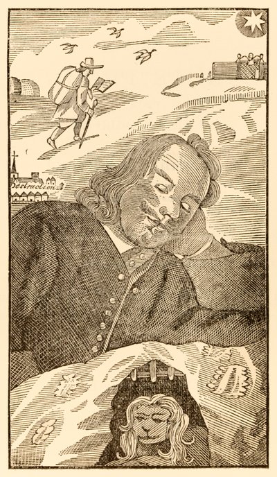Frontispice från The Pilgrims Progress From This World, To That What Is To Come av John Bunyan (1628-1688) som visar författaren drömma om pilgrimen Christian belastad med kunskapen om sin synd av Unknown