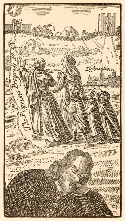 Frontispice från den andra delen av The Pilgrims Progress From This World, To That What Is To Come av John Bunyan (1628-1688) som visar författaren drömma om den kristna familjen, hans fru Christiana och av Unknown