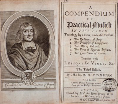 Frontispice av kompendium av praktisk musik i fem delar med lektioner i viola da gamba av Cristopher Simpson av Unknown artist