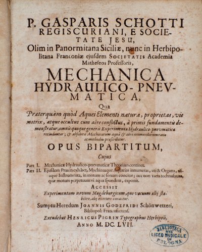 Frontispice av Mechanica Hydraulico Pneumatica av Gaspar Schott av Unknown artist