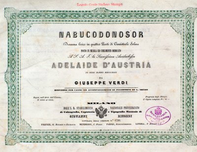 Frontispice av musikaliska partitur av Nabucco-operan av Giuseppe Verdi av Unknown artist