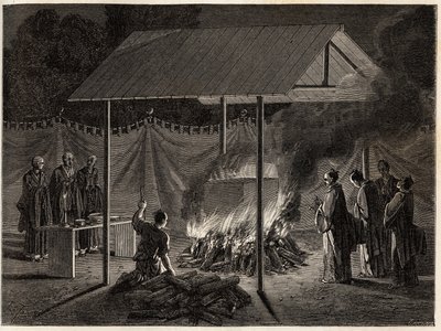 Begravningsceremonier: rituell förbränning. Gravyr för att illustrera resan till Japan 1863-1864, av Aime Humbert, minister för Schweiziska edsförbundet, i "Le tour du monde, nouveau journal des voyages", publicerad under ledning av Edouard Charton av Unknown artist