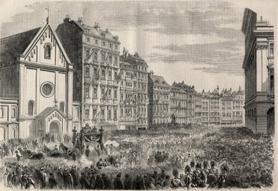 Begravning av kejsar Maximilian I av Mexiko (1832-1867): ankomst av begravningscortegen framför Kapucinerkyrkan i Wien. Gravyr i "" L