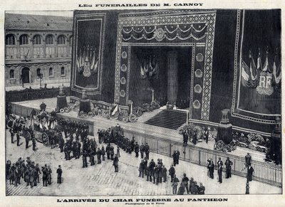 Begravning av Sadi Carnot (1837-1894), tidigare fransk president, vid Pantheon i Paris. Ankomst av begravningstanken. Gravyr i "" Le Parisien"" av Unknown artist