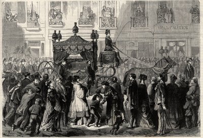 Funerary Cortege under obseques av Gioacchino (Gioachino) Rossini (1799-1868) i Paris. Gravyr i "The Universe illustrious" av Unknown artist