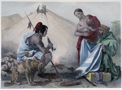 Pälsbyteshandel för tyg mellan kanadensiska Huron-indianer och den vita mannen - i "" Shyths sketcher in the Canadas"" av Coke Smyth, London av Unknown artist