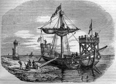 Galere under medeltiden. 1800-talsgravyr. av Unknown artist