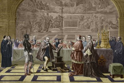 Galileen (Galileo Galilei) före inkvisitionen av det heliga ämbetet (heliga ämbetet) i Vatikanen (1632). Gravyr efter målningen av Robert-Fleury Joseph Nicolas (1797-1890). av Unknown artist
