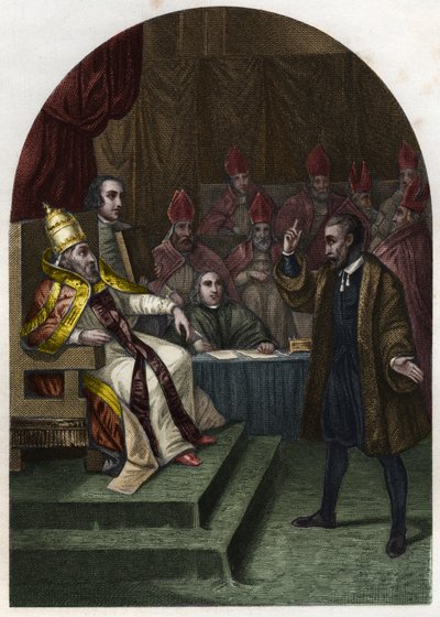 Galileo (eller Galileo Galilei (1564-1642) före påven Urban VIII 1633. (Urbano 8 Maffeo Barberini) Gravyr från 1842 i "Påvarnas historia"" av Maurice Lachatre. Privat samling. av Unknown artist