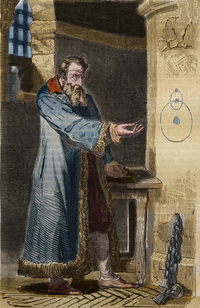 Galileen och inkvisitionen: "" E pure so muove! "" (Och ändå vänder det). Den italienske astronomen Galileo Galilei (1564-1642) uttalade sina ord 1633 i sitt fängelse efter att ha tvingats inför inkvisitionen att förneka sin teori om att jorden kretsar run av Unknown artist