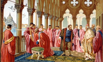 Galileo Galilei (1564 - 1642) presenterar sin ram i Dogepalatset i Venedig. kromolitografi från 1800-talet. av Unknown artist