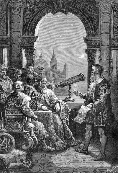 Galileo Galilei (Galileo) presenterar den första astronomiska ramen vid Dogen i Venedig. av Unknown artist
