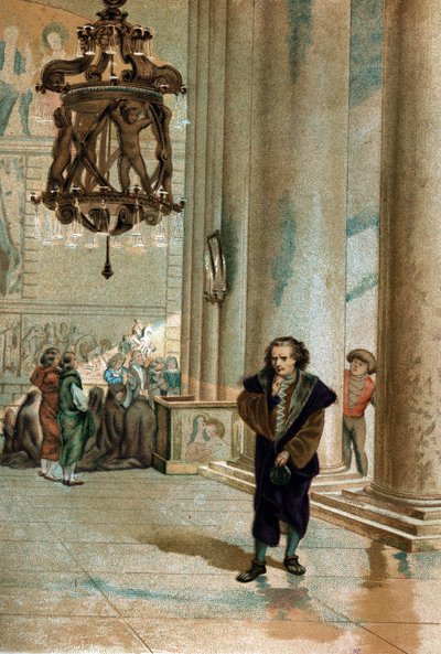 Galileo Galilei dit Galileo (1564 - 1642). observerar svängningen av lampan i katedralen i Pisa. från "The Science and its Men av Louis Figuier"" Barcelona 1881 av Unknown artist