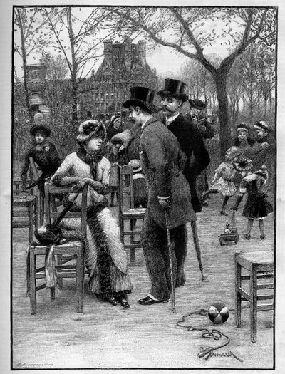 Galant samtal mellan två män och en ung kvinna, alla mycket eleganta, i Tuilerierna i Paris under sommaren. Gravyr i "" Le Monde Illustré"" av Unknown artist