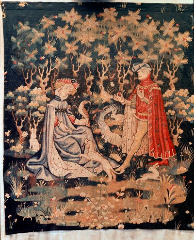 Gallant scen, hjärtats gåva (Tapestry, ca 1400-1410) av Unknown artist