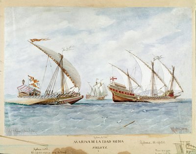 Galär och galeon från 1400-talet (Akvarell av Unknown artist