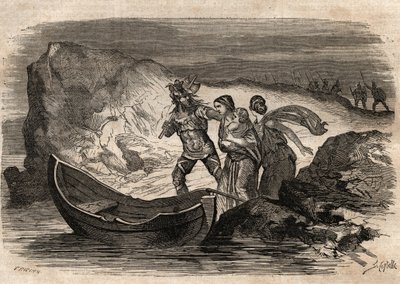 Galliska krigen, 58-51 f.Kr. Romersk seger över de tyska stammarna under Ariovistus - Ariovistus tvingades att korsa Rhen igen - Ariovists järnstyrka Rhen - gravyr i "" Illustrious Popular Dictionary" - 1864 - av Joseph December och Edmond Allonier av Unknown artist