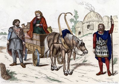 Galliska bostäder, kvinna, bonde, vagn, rik bonde, sele - i "" Civila och militära dräkter av fransmännen i genom århundradena Paris F. Roy 1882 ". av Unknown artist