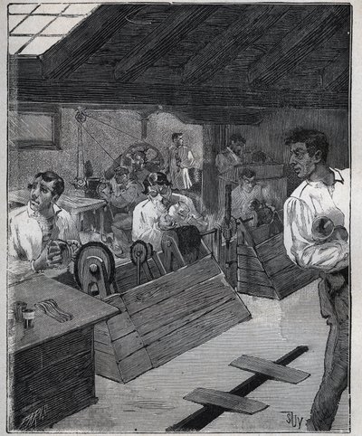 Galvanisk förgyllning: skrapa-boessage av guldjuveler med en skrapa-boesse. Gravyr från 1885 i "" Les arts et metiers illustres"" av Adolphe BITARD. av Unknown artist