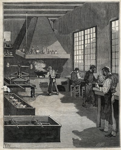 Galvanisk guldsmed: beredning av formar. Gravyr från 1885 i "" Les arts et metiers illustres"" av Adolphe BITARD. av Unknown artist
