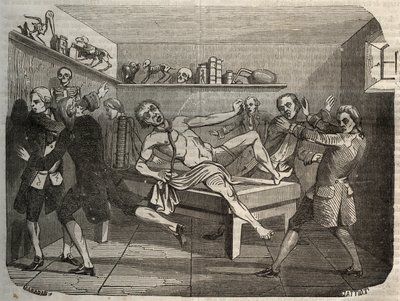 Galvanisering av liket av en bödel med högen av Alessandro (Alexandre) Volta: under påverkan av elektricitet verkar liket komma tillbaka till liv. Gravyr från 1856 i "" Le Musee Des Sciences"" av Unknown artist