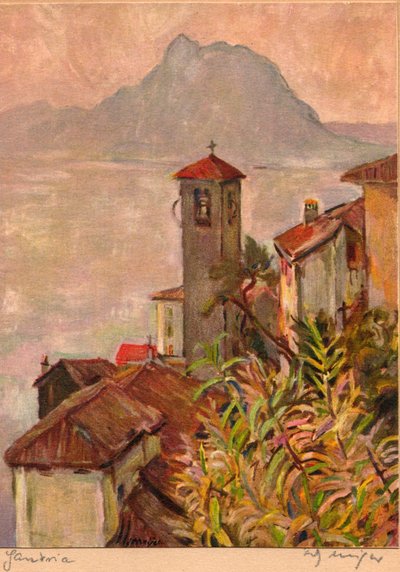 Gandria, Schweiz, med Mont San Salvatore och Luganosjön, vykort av Fritz Meijer, ca 1940 (färglitografi) av Unknown artist