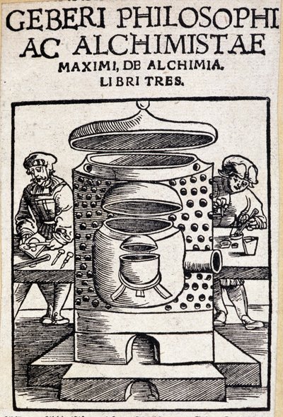 Geberi philosophi ac alchimistae titelsida för en alkemiaffär. Geber (v721-v815), arabisk alkemist av Unknown artist