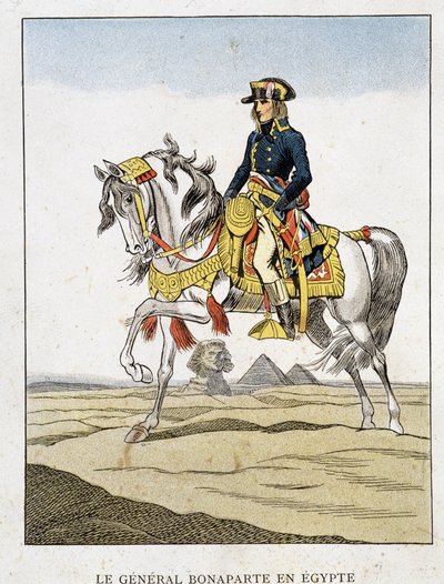 General Bonaparte i Egypten, ett porträtt som rider framför pyramiderna och sfinxen. av Unknown artist
