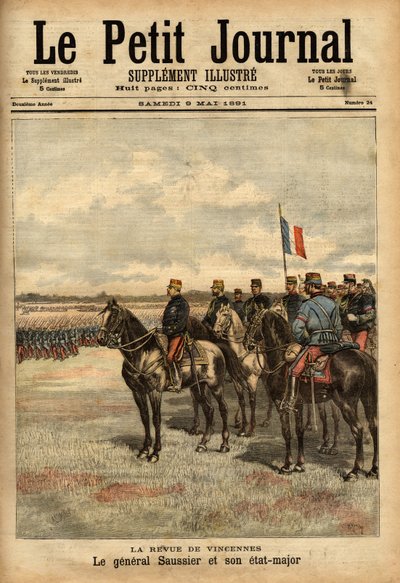General Felix Gustave (Felix-Gustave) Saussier (1828-1905) och hans stab granskade trupperna vid Vincennes. Gravyr i "" Le petit journal illustrious"" 1891-05-09. Selvas samling. av Unknown artist