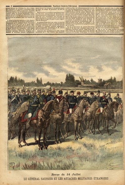 General Felix Gustave (Felix-Gustave) Saussier (1828-1905), militärguvernör i Paris sedan 1884, omringade utländska militära band, granskade trupperna under kön den 14 juli 1891 på slätten Bois de Boulogne. Gravyr i "" Le petit journ av Unknown artist