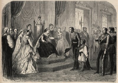 General Robert Cornelis (Cornelius) Napier (1810-1890) introducerade Leul Alemayehou Tewodros (1861-1879), son till den etiopiske negus Theodoros II (Tewodros), för drottning Victoria Iere (1819-1901). Gravyr i "The Universe Illustrious" av Unknown artist